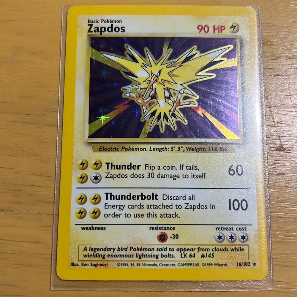 1999 Pokémon Zapdos 16/102 Base Set Unlimited Holo Rare
